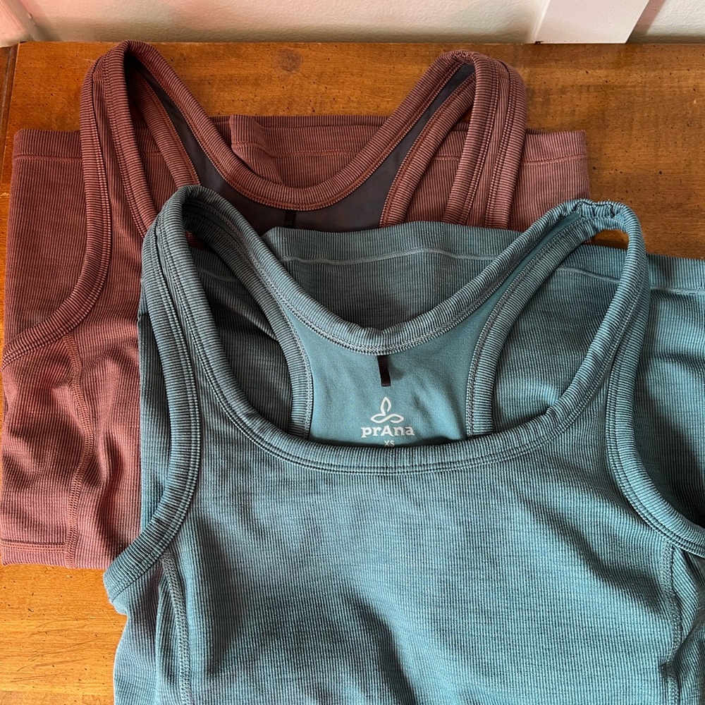Prana Tank Tops (2) built in bra/removable pads in mauve and muted teal